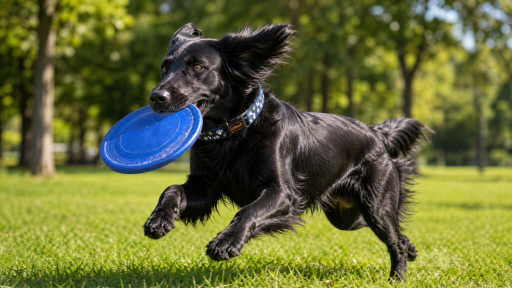 Flat-haired hunting dogs playing frisbee