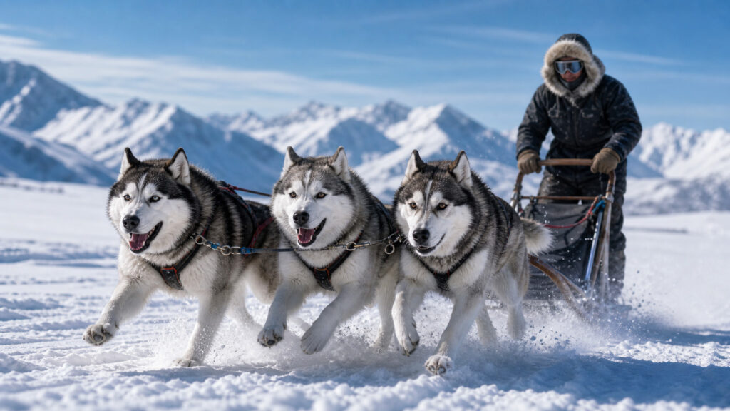 Husky pulling a sled in the snow