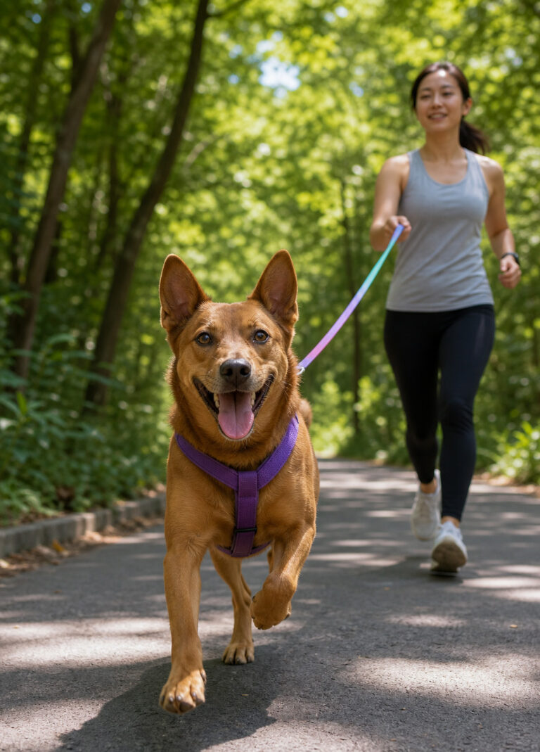 Scene of walking a dog on a forest trail